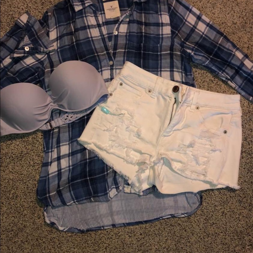 AE Shorts4 and Plaid AE top small with bikini top